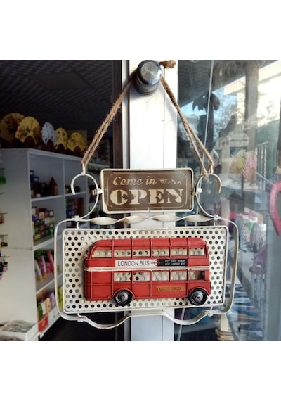 Dekoratif Metal Kapı Yazısı Londra Şehir Otobüsü Open Close 32 Cm