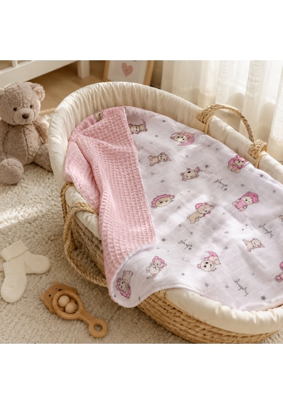Minora Baby&kids Çift Taraflı Pike Müslin Bebek Örtüsü 100x100 CM - Pembe Ayı