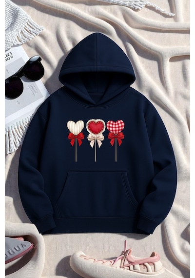 Uyguntarz Unisex Kalp Lolipop Detayli Baskılı Oversize Sweatshirt Lacivert