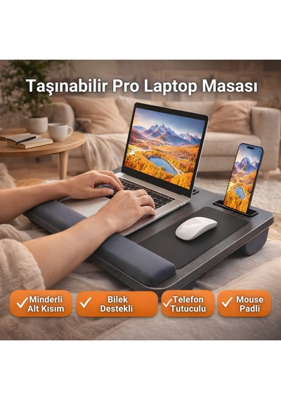 Polham Minderli Bilek Destekli Telefon Tutuculu Mouse Padli Taşınabilir Laptop Masası Dizüstü Çalışma Sehpası