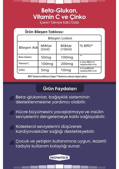 Nowdix Beta Glukan Vitamin C Çinko Şurup 150 ML