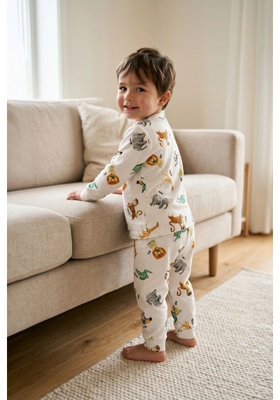 Zuzunga Erkek Çocuk %100 Pamuk Süprem Kumaş Uzun Kollu Mevsimlik Pijama Takımı BEYAZ