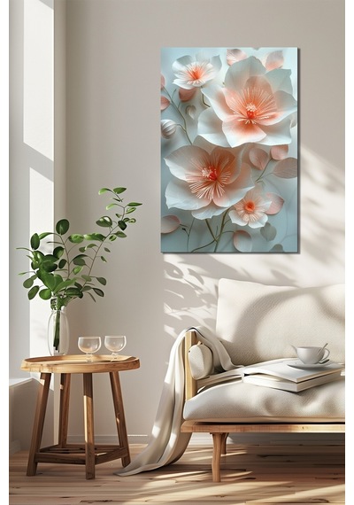Çiçek Baskılı Cam Tablo Pastel Tonlu Zarif Floral Dekoratif Duvar Tablosu