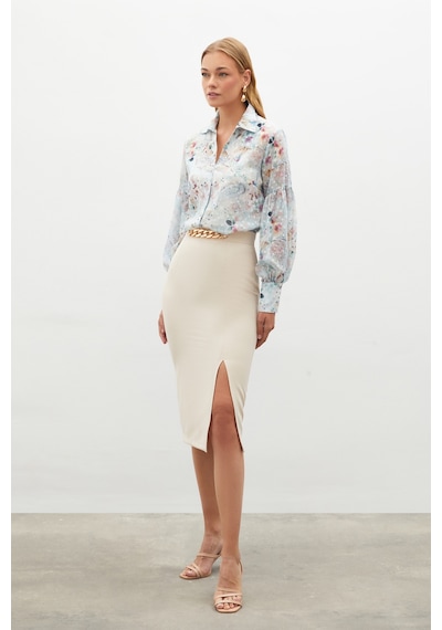Sateen Zincir Detaylı Kalem Etek - Bej-131707 Bej