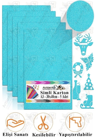 Simli Karton A3 30x40 Cm 5 Li 1 Paket Simli Fon Kartonu Parıltılı Kağıt Anasınıfı Kreş Etkinlik Proje Dekoratif Yeşil