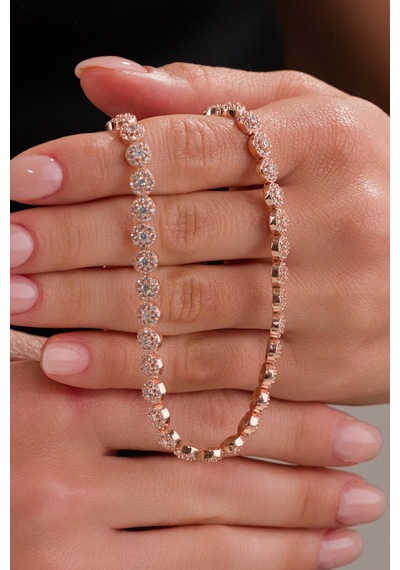 Gümüş Rose Gold Kaplama Beyaz Zirkon Taşlı Pırlanta Modeli Su Yolu Choker Tasma Kolye Rose