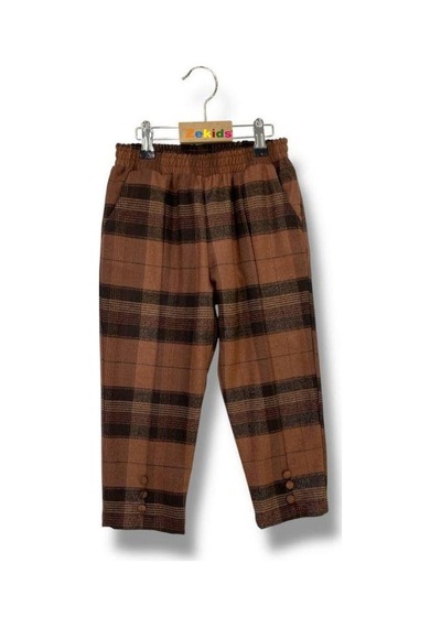 Zekids Kız Çocuk Bel Lastikli Ekose Paça Düğmeli Pantolon-16206 Kahverengi