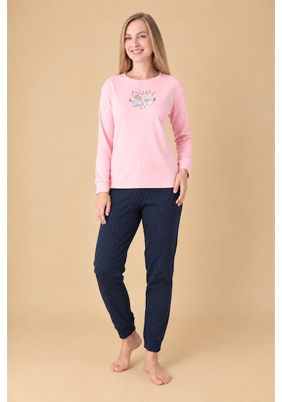 Wordex Fawn 6002 İnterlok Sevimli Köpek Desenli Kışlık Ev Kadın Pijama Takımı Pembe
