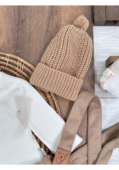 Bebicix Triko Askılı Koala Temalı Kaşkorse Esnek Badili Bereli Unisex Bebek Takım Sütlü Kahve