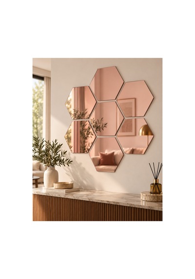 Kendinden Yapışkanlı Altıgen Dekoratif Duvar Aynası 1 Mm Kalınlık Petek Model Modern Salon, Antre Ve Yatak Odası Aynası Altın - Rose Gold