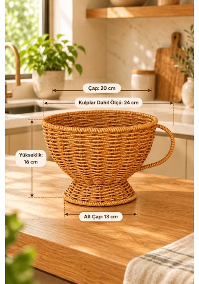 Atbyhome Büyük Boy Doğal Hasır Rattan Kupa Sepet 20x16 Cm - Kulplu Ayaklı Masa Üstü Ekmeklik Ve Meyvelik Kahverengi