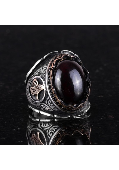 925 Ayar Gümüş Yüzük, Gerçek Doğal Garnet Taşlı Yüzük, Osmanlı Tuğra Yüzüğü Gümüş