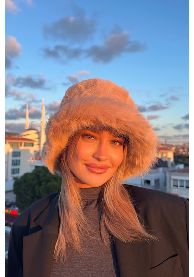 Mollycrush Suni Kürklü Peluş Bucket Kalpak Şapka Luxury Kadın Camel Rus Slav Tarzı Camel