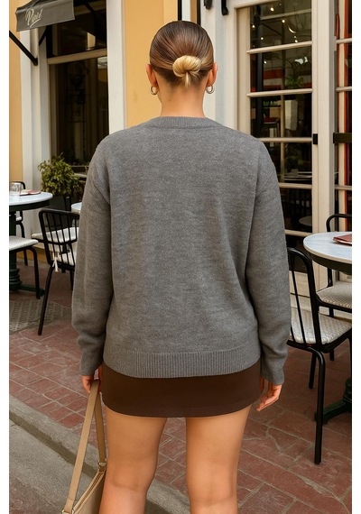 Fashion Friends 25k0144k1 Kadın İncili Kazak Gri Melanj