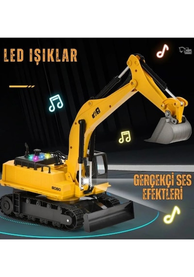 1:14 Ölçek Şarjlı Işıklı Sesli Konsol Kumandalı Metal Başlıklı Oyuncak Ekskavatör Kepçe