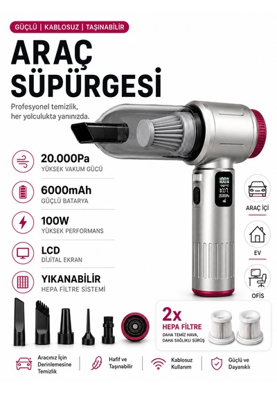 20000pa 6000mah 100w Lcd Ekranlı Led Işıklı Kablosuz Araç İçi Süpürge 2x Hepa Filtreli Mini El Süpürgesi Gri