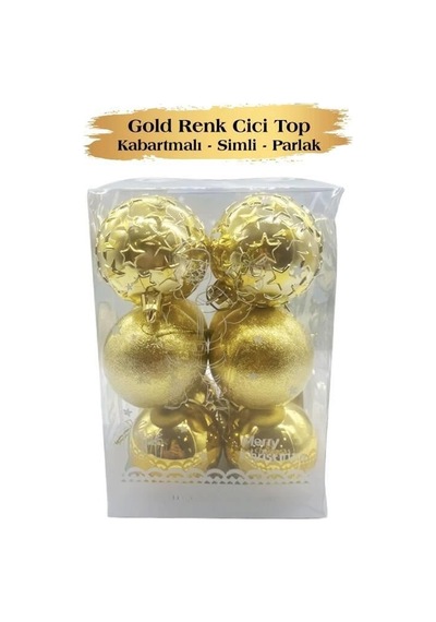 6 Cm Gold Parlak Kabartmalı Yılbaşı Top Süs 12 Parça Dekoratif Ağaç Ve Parti Süsü Seti Diğer