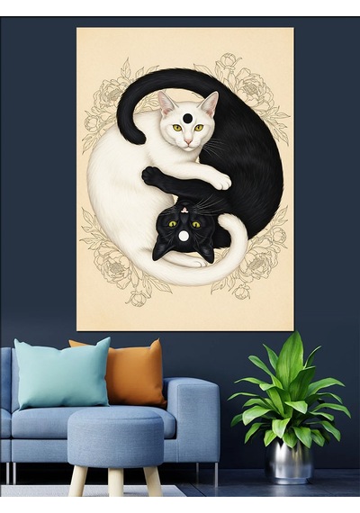 Ahşap Tablo Yin Yang Kedi Felsefesi Çocuk Odası Tabloları