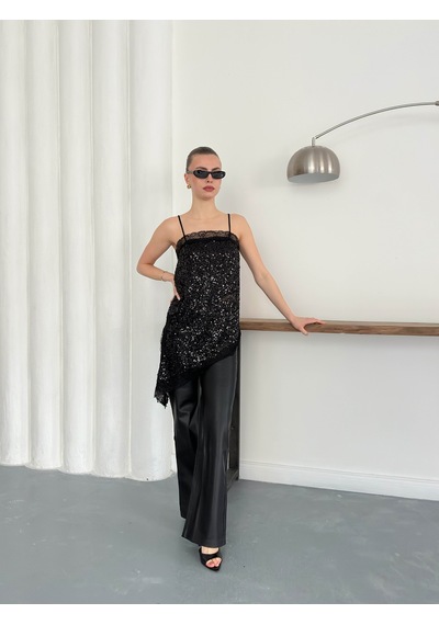 Verymoda Dantel Detaylı Askılı Pullu Asimetrik Tunik - D2934 Siyah