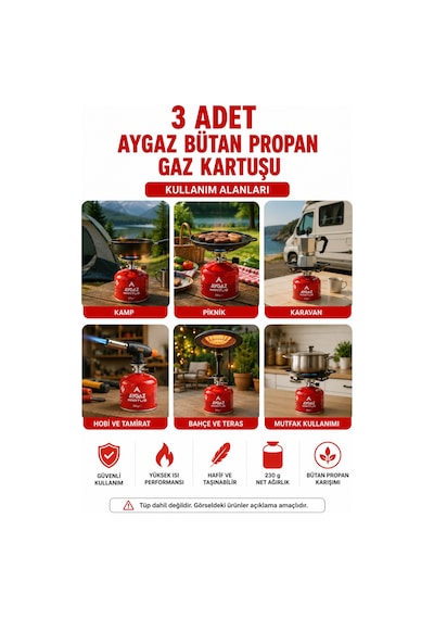 Gaz Kartuşu Bütan Propan Karışımlı Kamp Ocağı Uyumlu 230 Gr 3 Adet Kırmızı