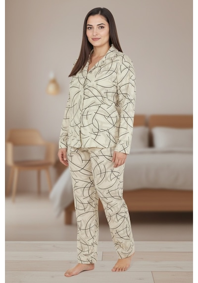 Bravie Luxury Soft Ekru Çizgi Desenli Uzun Kollu Kadın Pijama Takımı Büyük Beden 3015 Ekru