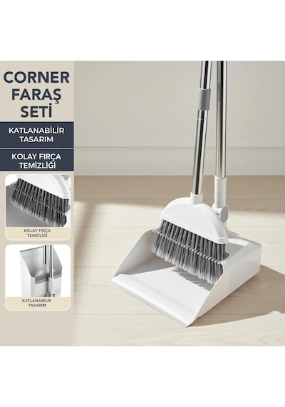 Corner Taraklı Ve Saplı Faraş Süpürge Seti - Katlanabilir Dik Faraş Takımı - Paslanmaz Çelik Sa Beyaz - Antrasit