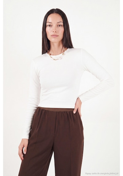 Lela Pamuklu Bisiklet Yaka Crop Bluz Kadın Bluz 5867060 Ekru