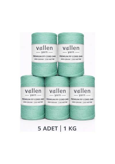 1000 Gr Polyester Makrome Ipi,2mm 5'li Set, Makrame Ipi, Supla Ipi, Çanta Ipi,1150 Metre, Su Yeşili