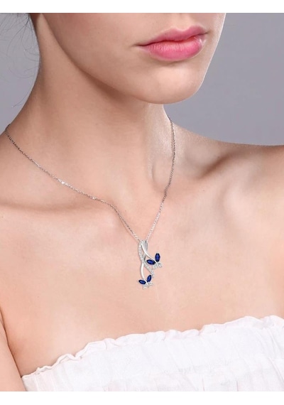 Brezza Lusso Jewelry Sonsuzluk Pırlanta Model Safir Taşlı Kelebek Kadın Gümüş Kolye 45 CM