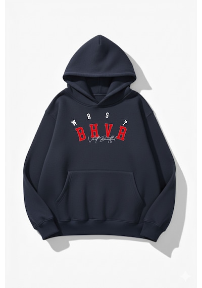 Uyguntarz Unisex Yumuşak Dokulu Wrst Style Baskılı Tasarım Oversize 3 İplik Hoodie Sweatshirt Indigo