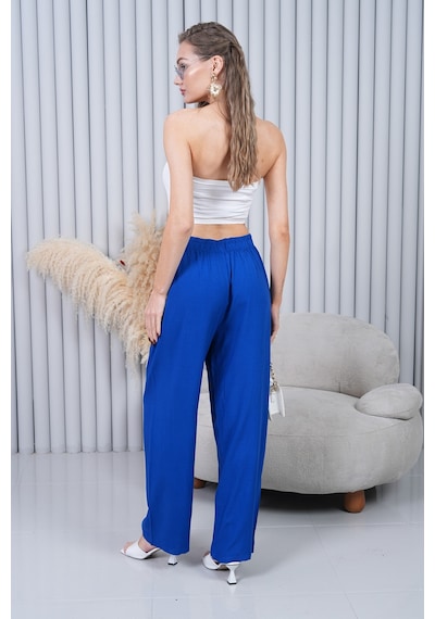 Polologin Butik Beli Bağcıklı Yüksek Bel Bol Paça Koyu Mavi Pantolon Lacivert