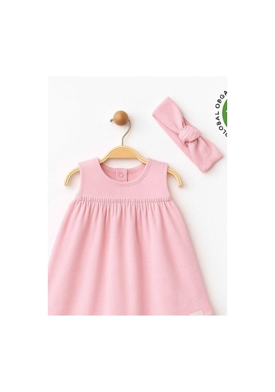 Zekids Kız Bebek Organik Pamuklu Bandanalı Kolsuz Elbise-15906 Pembe