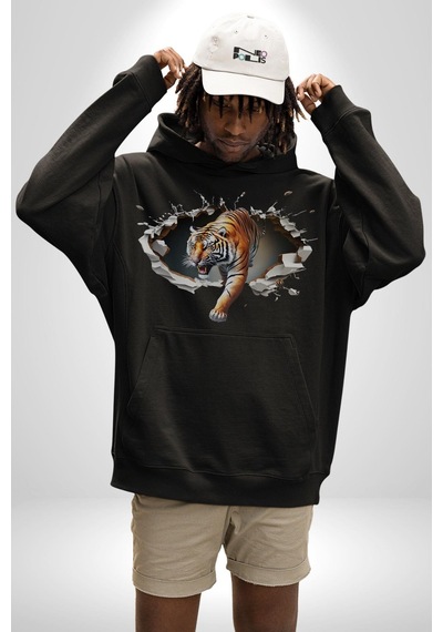 Kırık Duvar Kaplan Kadın Erkek Siyah Kapüşonlu Sweatshirt Hoodie Siyah