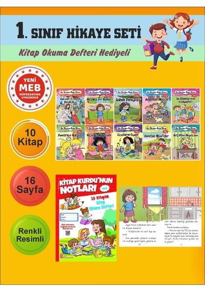 1.sınıflar İçin Okumayı Sevdiren 10 Lu Hikaye Seti 12 Kitap Okuma Defteri Hediyeli