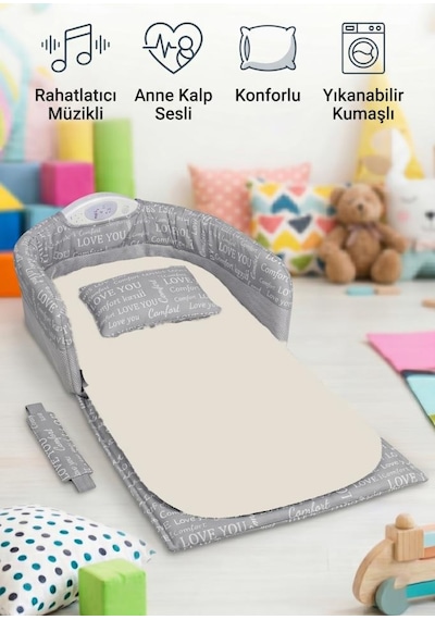 Müzikli Pilli Konforlu Katlanabilir Anne Kalp Sesli Yıkanabilir Kumaşlı Portatif Bebek Yatağı 1