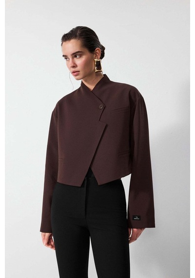 Vatkalı Diagonal Crop Blazer Ceket-16645 Kahverengi