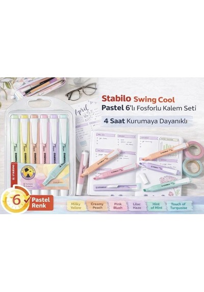 Stabilo Swing Cool Pastel Fosforlu Kalem 6 Lı Set Soft Pastel Renkler Çok Renkli