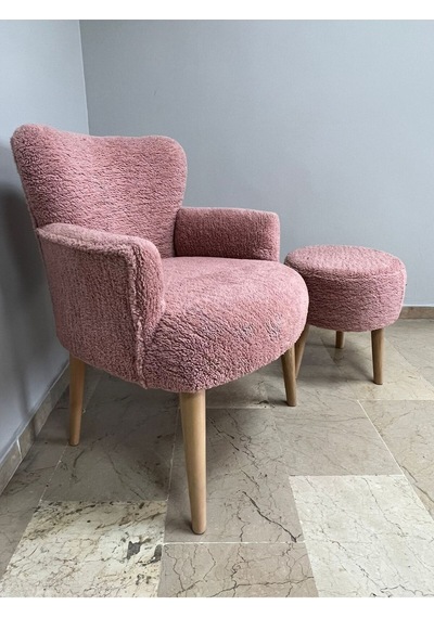Azra Mobilya Berjer Puf Set-ikili Balkon Seti- Tekli Koltuk Puflu -berjer-koltuk - Puffy Kumaş - Doğal Ahşap Pembe