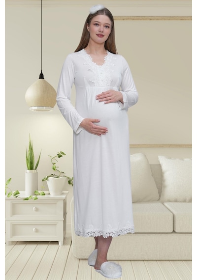 Mecit Pijama Mecit 1519 Ekru Lohusa Sabahlık Gecelik Pijama Set