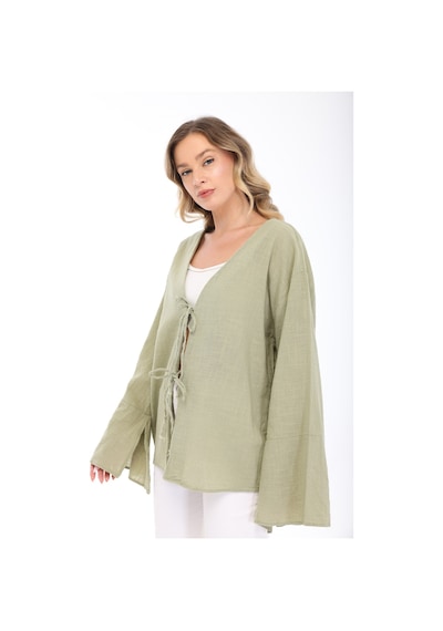 Blayn Jeans Blayn Kadın Keten Kimono Oversize Rahat Kalıp Yazlık Uzun Kollu Kimono Çağla Yeşili