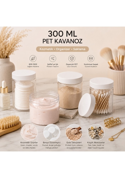 300 Ml - Şeffaf Pet Plastik Kavanoz - Beyaz Kapak - 5 Adet