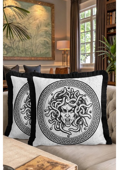 Mitolojik Medusa Figürlü Saçaklı Yastık Kılıfı - Yunan Esintili Modern Siyah Püsküllü Kırlent Kılıfı Doygun Fırtına Aqua Mitolojik Medusa Figürlü Saçaklı Yastık Kılıfı - Yunan Esintili Modern Siyah Püsküllü Kırlent Kılıfı Doygun Fırtına Aqua