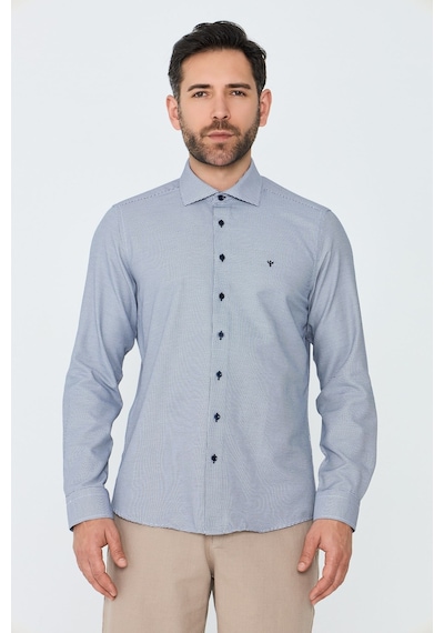 White Stone Lacivert Mikro Desenli Dynamic Fit Erkek Uzun Kollu Gömlek
