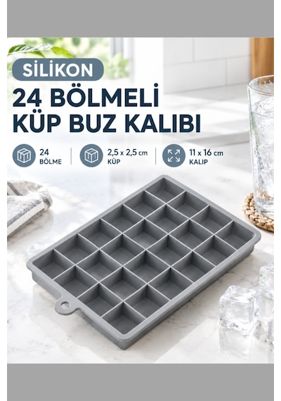 Silikon 24 Bölmeli Küp Buz Kalıbı, Pratik Ve Kullanışlı Tasarım Buzluk 2,5x2,5 Cm Küp Gri