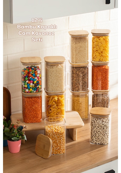 Porsima 6-4 Bambu Vakumlu Kapaklı Kare Borsilikat Cam 12li Kavanoz Seti Saklama Kabı 1250ml 9,5x15cm