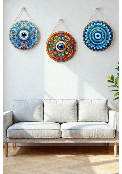 Nazar Boncuğu Kristal Mdf İpli Tablo Seti, 3 Lü Modern Duvar Dekoru, Salon, Oturma Odası, Ev İçin