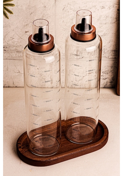 Bottle - 3 Parça Ahşap Standlı Damlatmaz 1 Lt Cam Yağdanlık Borosilikat Yağlık Sirkelik 1000ml SNPBOTTLEBKR3