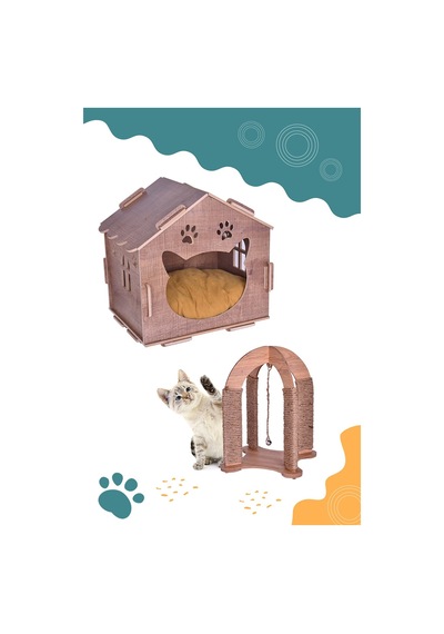 Mini Şato Kalın Ahşap Lüks Kedi Evi Ve Çift Taraflı Kedi Tırmalam