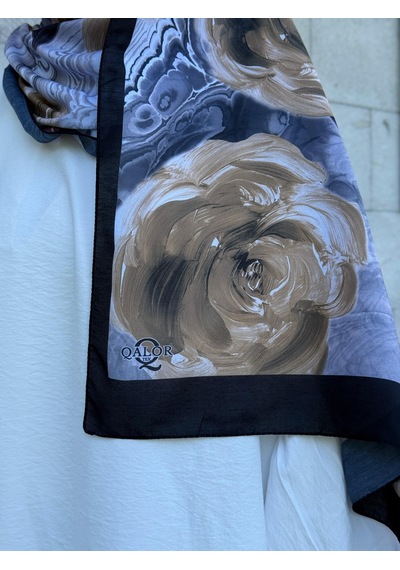Qalortex Scarf Pamuklu Rose Desen Şal- Siyah/gri Siyah-Gri