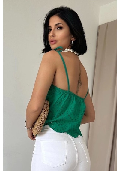 Defymoda Yeşil Bağcıklı Brode Bluz Yeşil